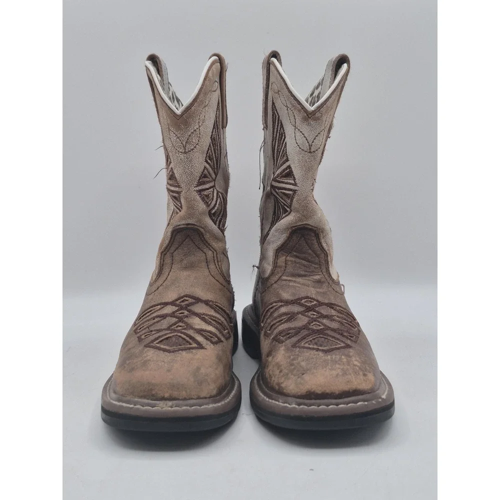Dan Post‎ Western Boots Kids Size 2 Brown Leather Geometric Stitch Square Toe
